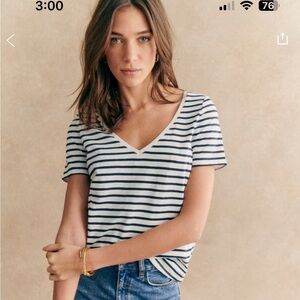 Sezane Striped V-Neck Short Sleeve Tee in White and Navy